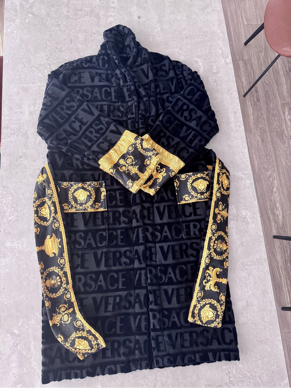 Versace Black Embossed Logo Terry Hooded Robe WITH GIFT BOX